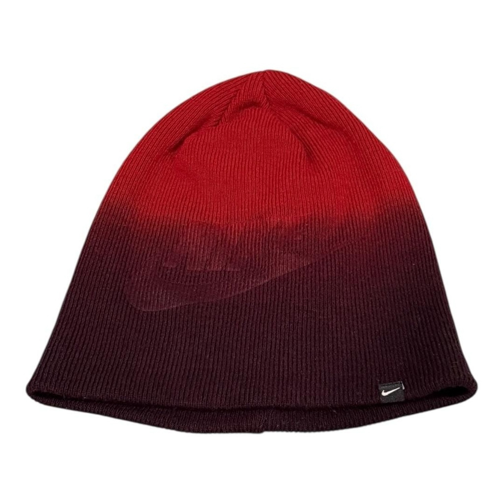 Nike Hat Beanie Fitted Youth Red Black Ombre Knit Swoosh Winter Cold Gear
